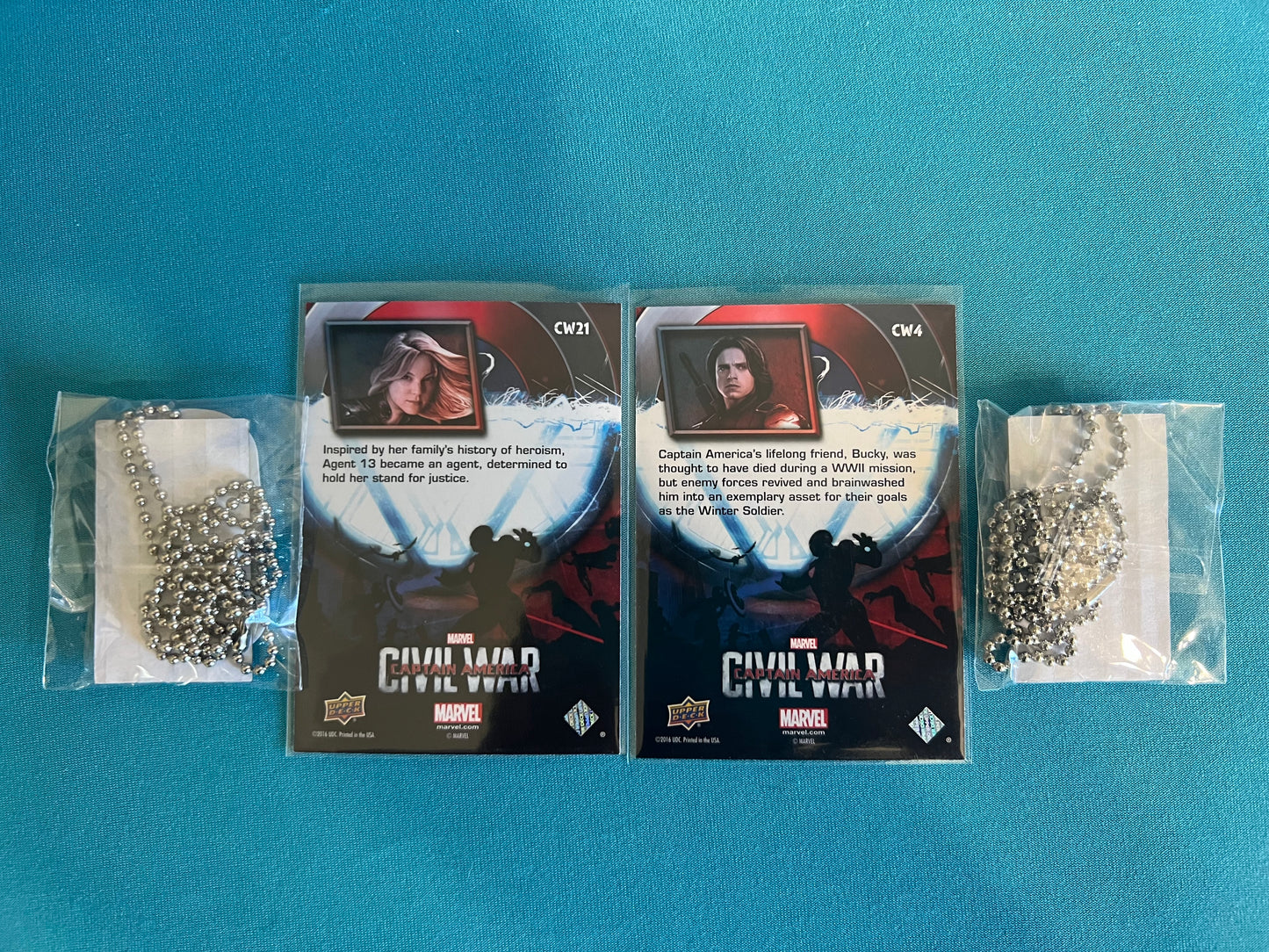 Marvel Iron Man and Antman Dog Tags plus 2 Civil War Trading Cards