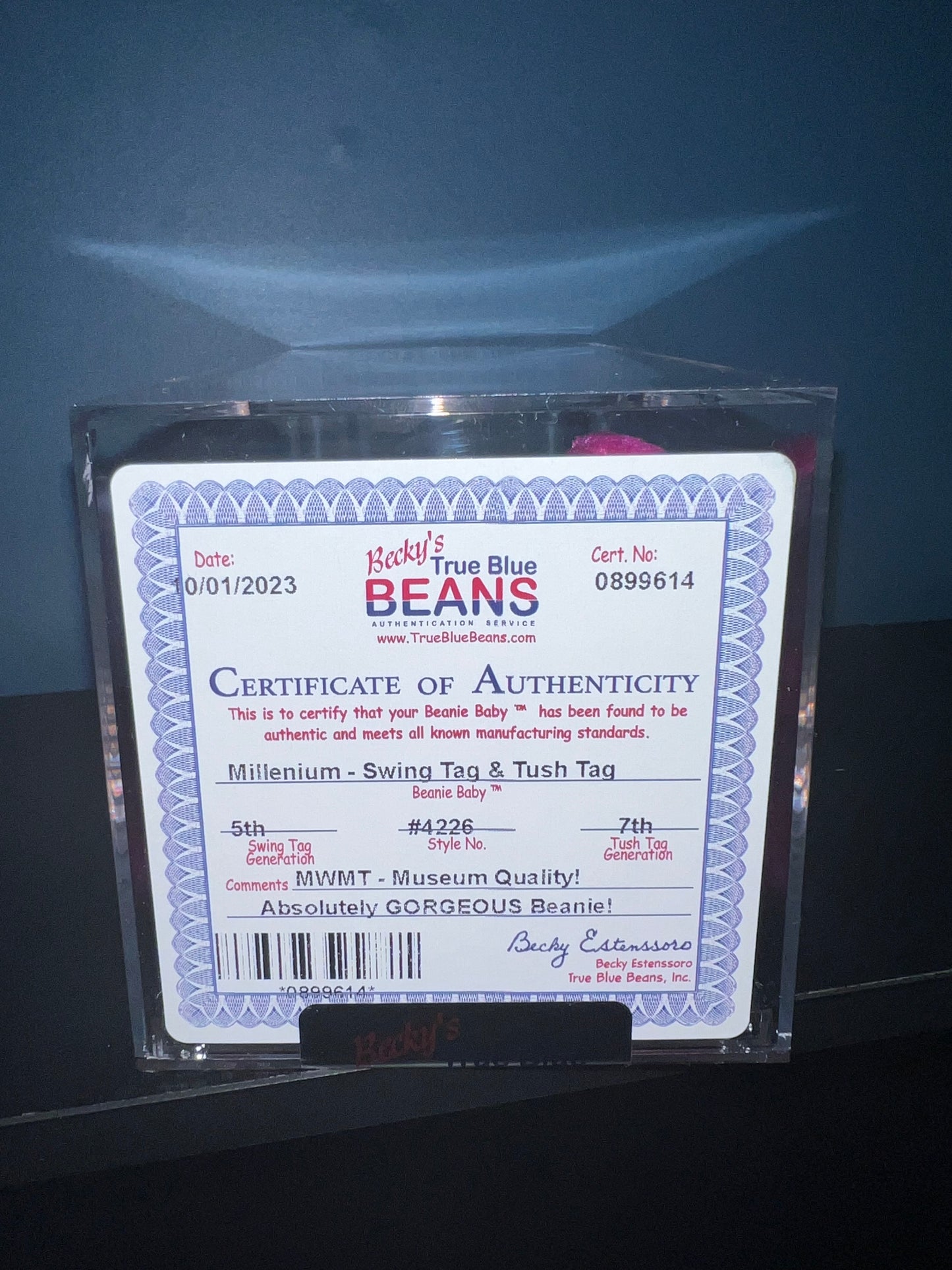 Millenium the Bear Ty Beanie Baby Becky's True Blue Beans Authenticated 5th Swing 7th Tush