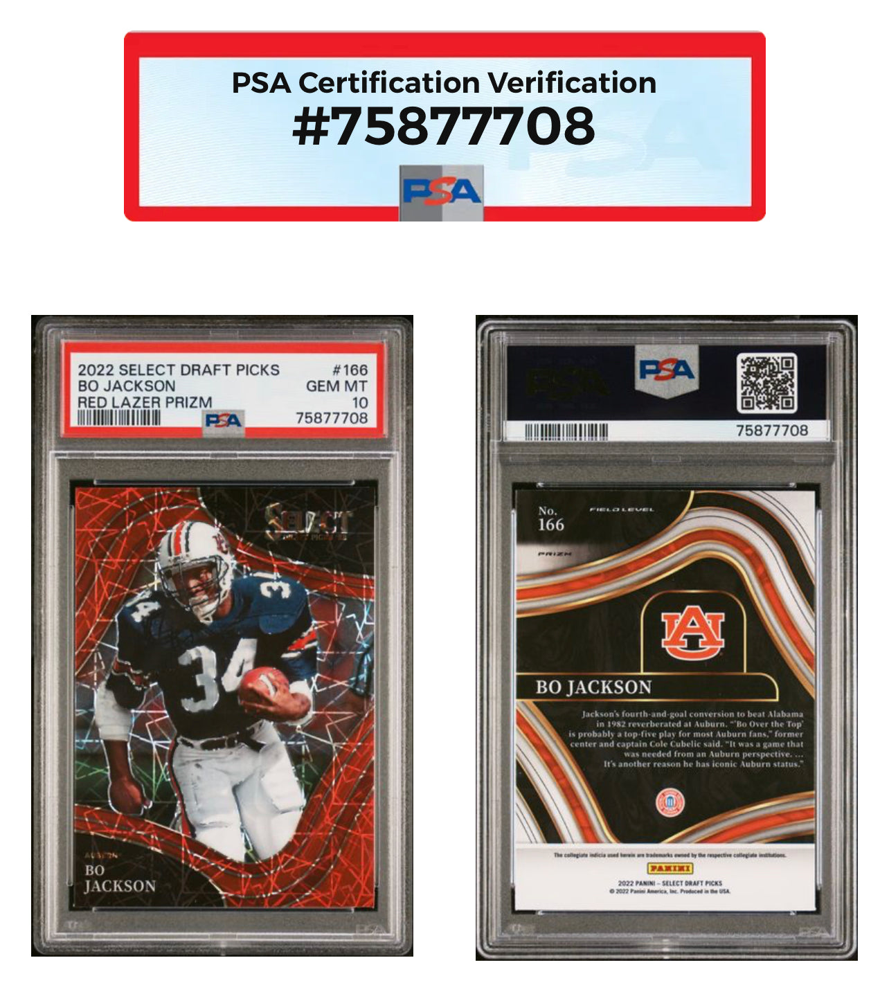 2022 Panini Select Draft Picks 166 Bo Jackson Red Lazer Prizm PSA 10 Gem Mint