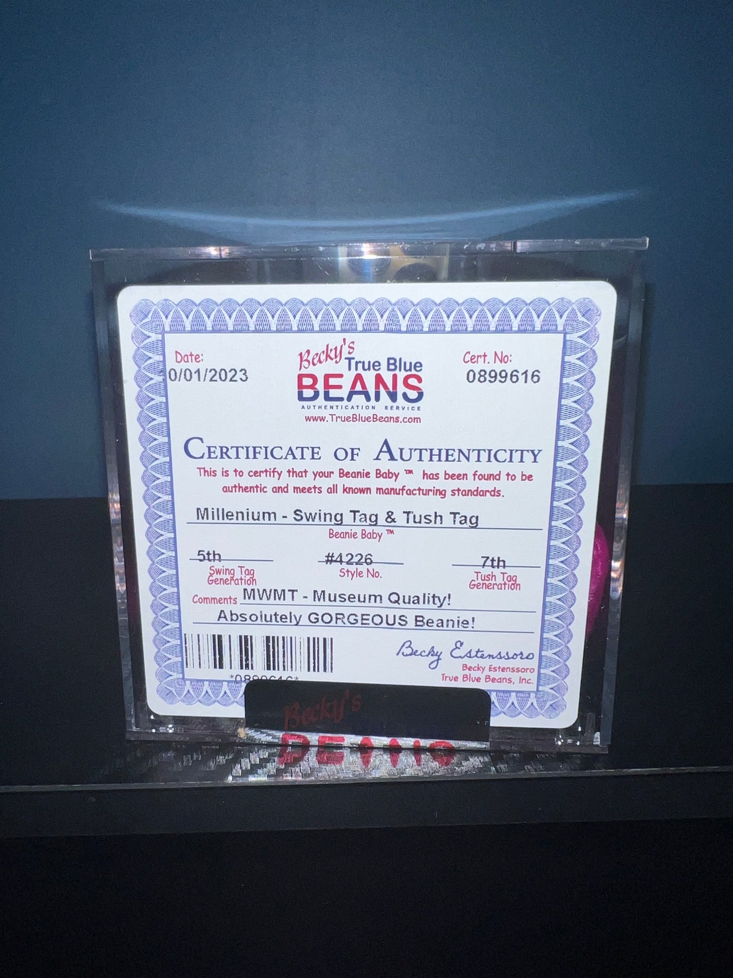 Millenium the Bear Ty Beanie Baby Becky's True Blue Beans Authenticated 5th Swing 7th Tush