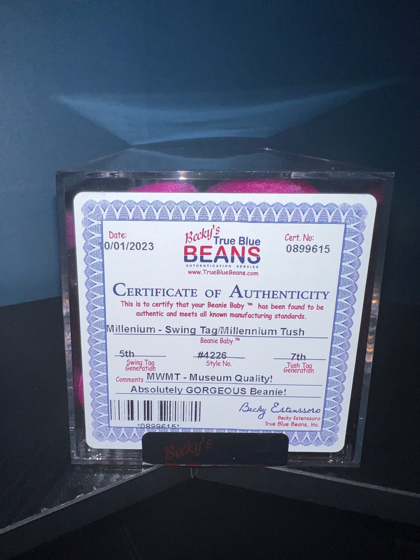 Millenium the Bear Ty Beanie Baby Becky's True Blue Beans Authenticated 5th Swing 7th Tush