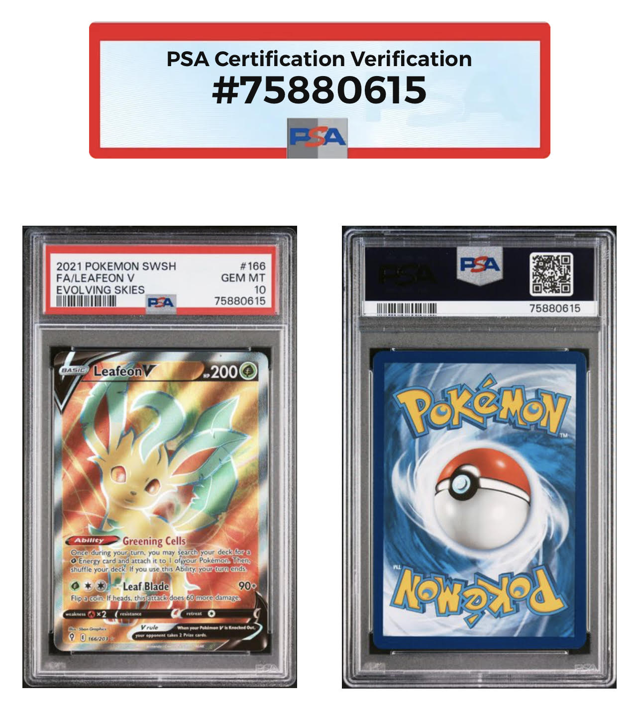 Evolving Skies 166 Full Art Leafeon V PSA 10